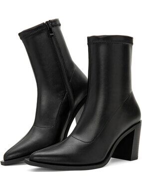 Women's PU Black Dressy Ankle Boots Chunky Block Heel Booties Pointed Toe Boots